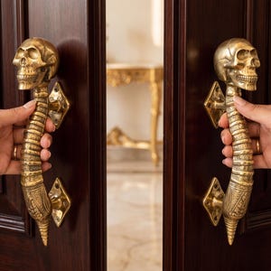 Pair Brass Skull Door Handles, Gothic Home Decor