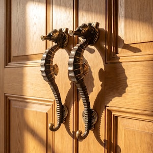 May include: Wooden door with seahorse-shaped door handles. The handles are bronze-colored and detailed, with a seahorse design. The door is made of light-colored wood, and the sunlight casts shadows on the door.