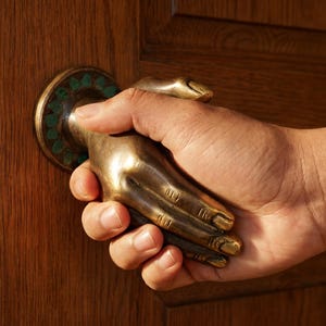 Handshake Door Handle, Indonesian Brass, Unique Wall Hook