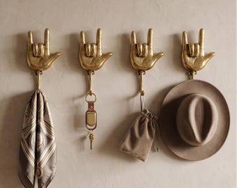 ILY Hand Sign Hook 7.1", Bronze Brass Hardware, Shiny Gold Finish, Boho Coat Hanger