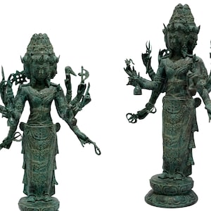 Lord Brahma Bronze Statue 24&quot;, Summer Gift, Three Faces Brahma on Altar Figurine, Meditation Sculpture, Hindu God, Brass, Home Decor