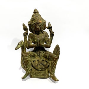 Brahma Statue, Summer Gift, Antique Bronze Brahma Sit On Swan Statue, Ancient Bronze Lord Brahma Meditating Sculpture, Holiday Gift