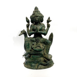 Brahma Statue, Summer Gift, Antique Bronze Brahma Sit On Swan Statue, Ancient Bronze Lord Brahma Meditating Sculpture, Holiday Gift