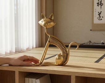 Estatua de gato de latón vintage, decoración del hogar de aleación metálica indonesia