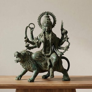 Mahakali Bronze Statue 13.4 Inch, Hindu Goddess on Lion, Gift For Summer