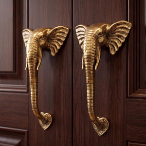 May include: A pair of metallic gold-toned door handles shaped like elephant heads with trunks extending downward. The handles are mounted on a dark brown wooden door with a visible grain pattern, featuring detailed textures on the ears and trunks.