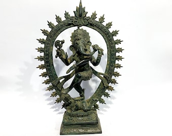 Ganesh Statue 13.4&quot;, Summer Gift, Ganesh Brass Statue, Ganesh Dance Bronze, Ganesha idol, Ancient Ganesh Statue, Hindu God Art, Home Decor