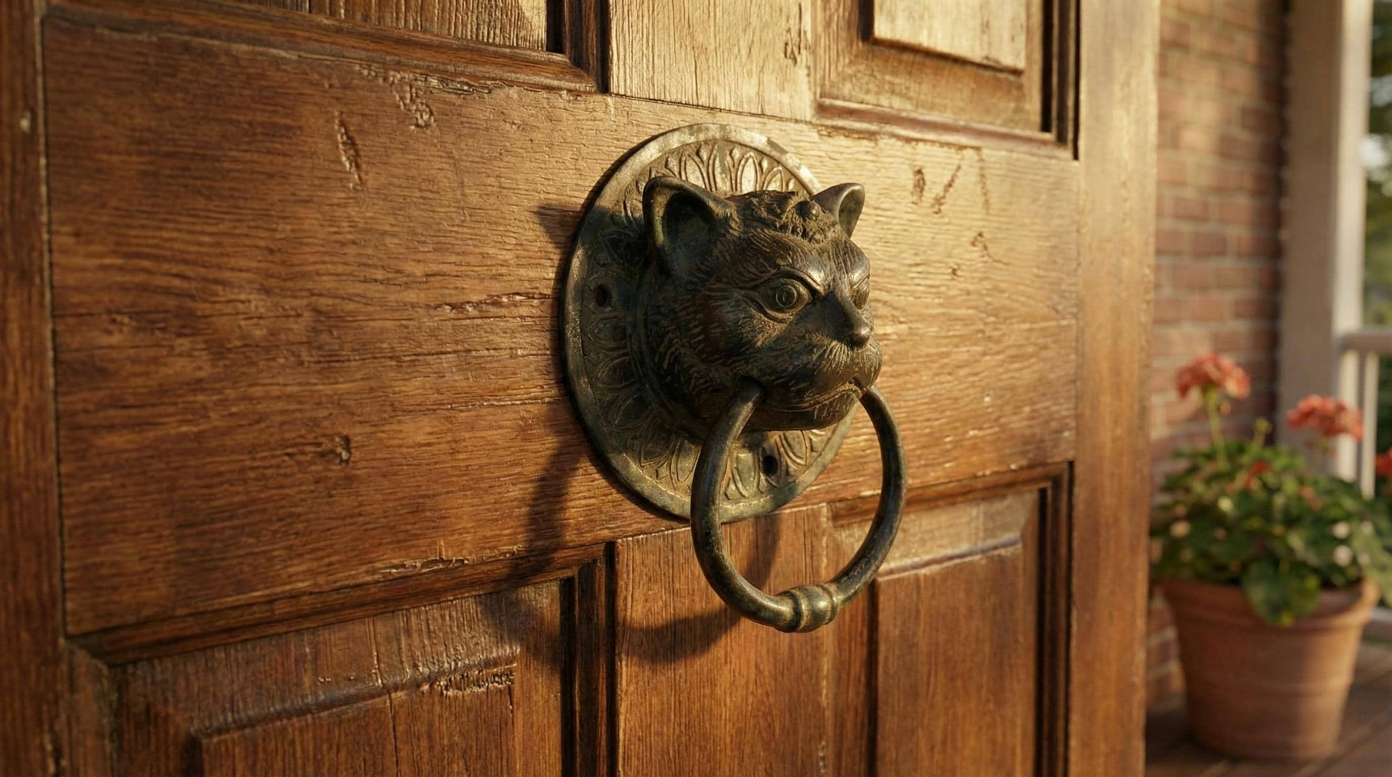 大きな目の猫のドアノッカー｜真鍮製 ヴィンテージブロンズ製猫型ドアノッカー：ユニークなホーム