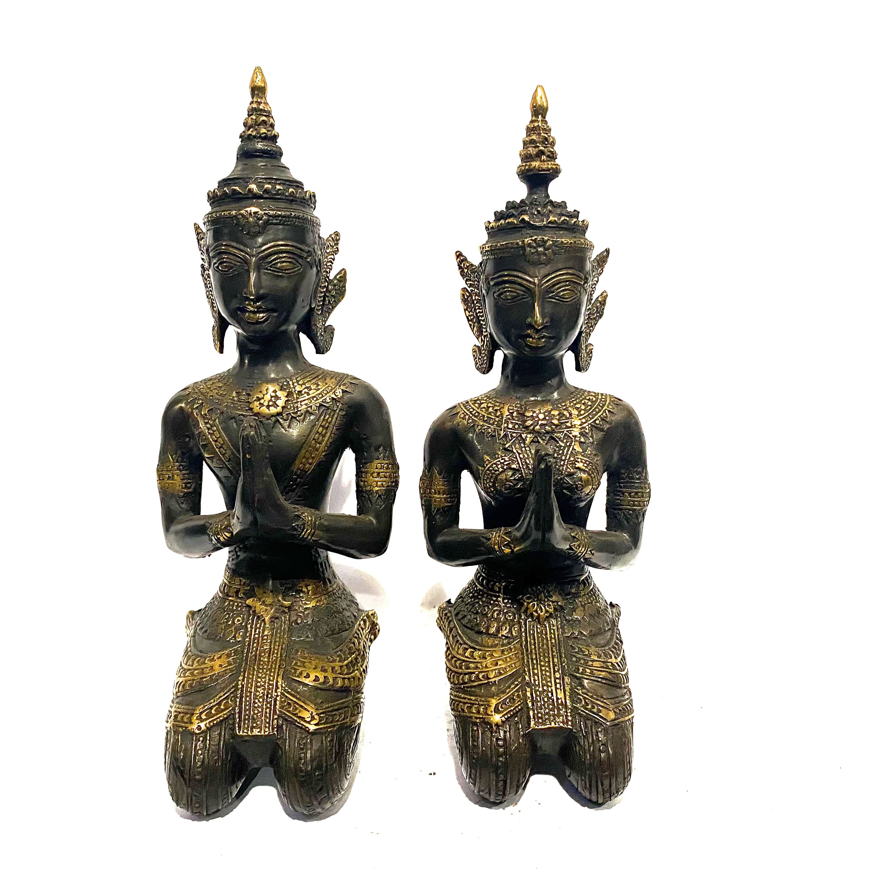 Teppanom Bronze Small Thai Angel Statue Pair Kneeling Praying Guardian