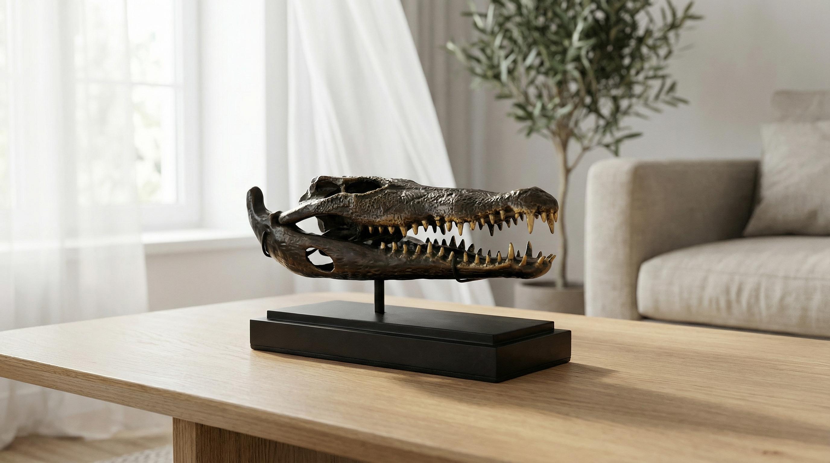 Bronze Crocodile Skull Statue, Lost Wax Casting, Home Decor | 9.1 Inch