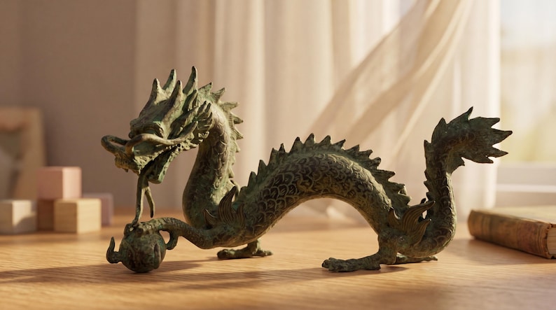 May include: A detailed bronze dragon figurine with a textured surface. The dragon has a long, serpentine body, spiky dorsal fins, and a detailed head with open mouth. The figurine is on a wooden surface.