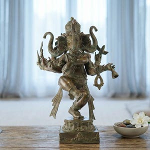 Dansende Ganesha-beeld 20,4 inch, bronzen sculptuur met antieke groene patina, decoratie voor hindoeïstisch altaar en meditatie afbeelding 2