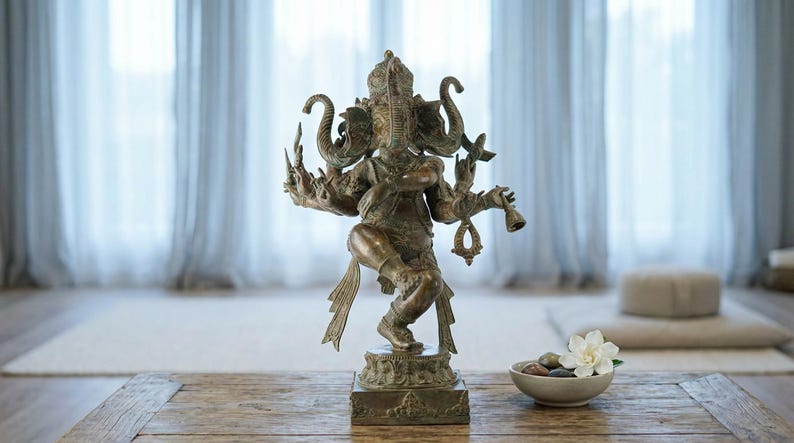 Dansende Ganesha-beeld 20,4 inch, bronzen sculptuur met antieke groene patina, decoratie voor hindoeïstisch altaar en meditatie afbeelding 2