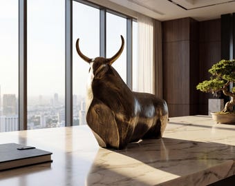Abstract Bull Statue, 10 Inch Ox Sculpture, Brass Home Decor