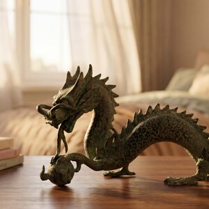 May include: A bronze dragon sculpture with intricate details, posed on a wooden table. The dragon has a long, serpentine body, spiky dorsal fins, and a detailed head. Beside the dragon are stacked books and a doll. The scene is set in a bedroom.