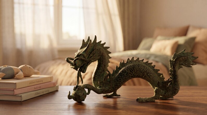 May include: A bronze dragon sculpture with intricate details, posed on a wooden table. The dragon has a long, serpentine body, spiky dorsal fins, and a detailed head. Beside the dragon are stacked books and a doll. The scene is set in a bedroom.