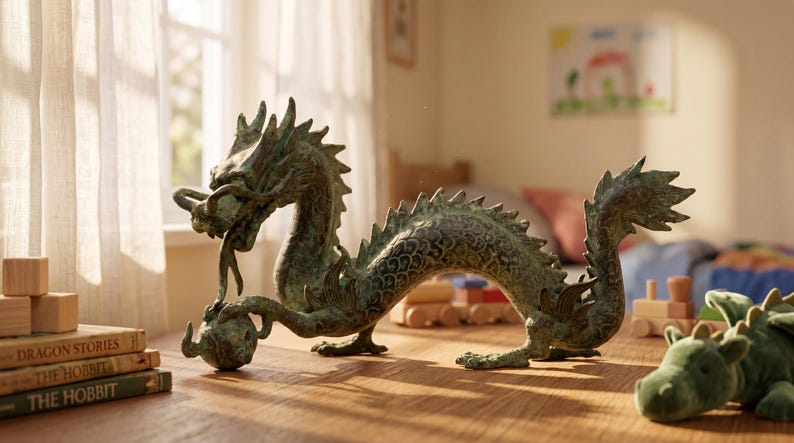 May include: A bronze-colored dragon sculpture with intricate details, posed on a wooden surface. The dragon is next to a stack of books and wooden blocks. A plush green dragon toy is also visible.