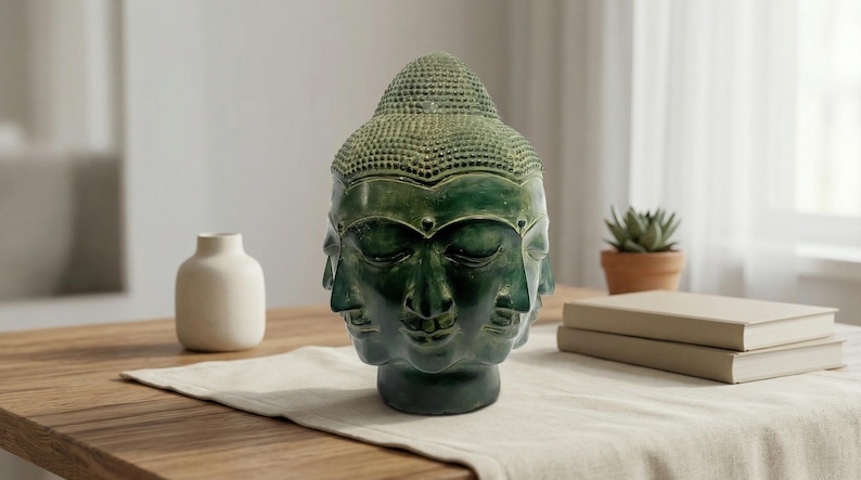 Handmade Brass Many Face Buddha Head Sculpture, Spiritual Meditation Art image 1