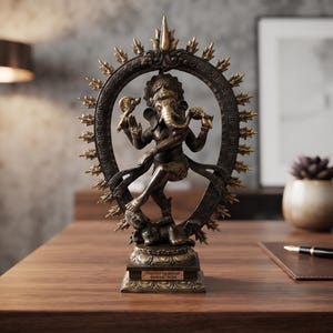 Op de afbeelding: Een bronskleurig standbeeld van de godheid Ganesha in een danshouding. De figuur wordt omlijst door een versierde cirkelvormige halo met puntige stralen, staand op een rechthoekige voet met een klein plaatje met tekst aan de voorzijde.