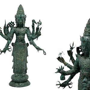 Lord Brahma Bronze Statue 24.4&quot;, Summer Gift, Three Faces Brahma on Altar Figurine, Meditation Sculpture, Hindu God, Brass, Home Decor
