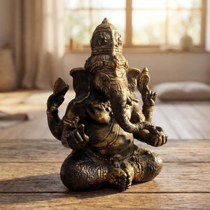 Op de afbeelding: Een bronzen beeld van de hindoeïstische god Ganesha, zittend in een meditatieve houding. Het beeld heeft ingewikkelde details, waaronder een olifantenkop, meerdere armen en sierlijke sieraden. Het beeld staat op een houten oppervlak.