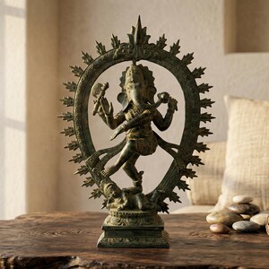 Dansende Ganesha-beeldje 34 cm, antiek groen brons, hindoeïstische olifantengod, spirituele woondecoratie