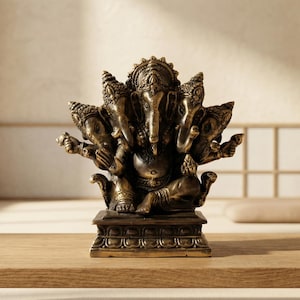 Puede incluir: Una estatua de color bronce del dios hindú Ganesha, con múltiples brazos y cabeza de elefante, está sobre una mesa de madera. La estatua es intrincadamente detallada y destaca sobre un fondo neutro. La escultura es una representación del dios hindú de la sabiduría y la buena fortuna.