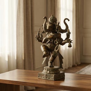 Op de afbeelding: Een bronskleurig standbeeld van de godheid Ganesha in een dansende houding met meerdere armen, die verschillende symbolische voorwerpen vasthouden. Het figuur staat op een rechthoekige voet met ingewikkeld snijwerk en een olifantenkop.