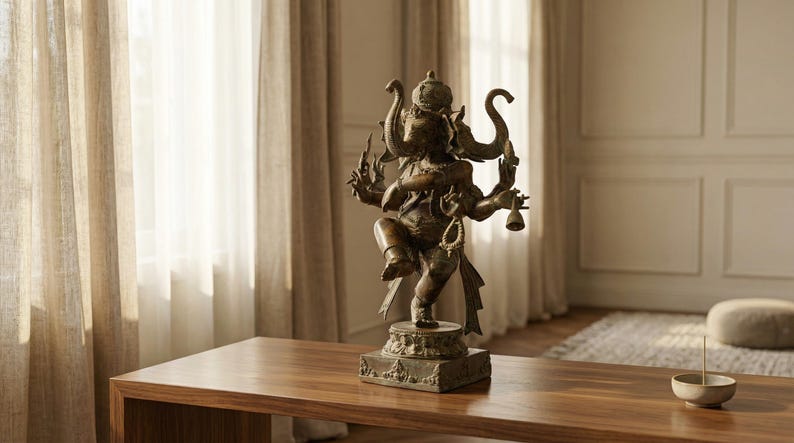 Op de afbeelding: Een bronskleurig standbeeld van de godheid Ganesha in een dansende houding met meerdere armen, die verschillende symbolische voorwerpen vasthouden. Het figuur staat op een rechthoekige voet met ingewikkeld snijwerk en een olifantenkop.