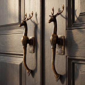 Puede incluir: Dos manijas de puerta de color bronce con forma de ciervo, montadas en una puerta de madera gris oscuro. Las manijas tienen astas detalladas y un cuerpo curvado, agregando un toque de elegancia inspirada en la naturaleza a la puerta.