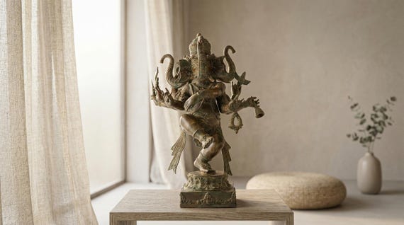 Dancing Ganesha Statue 20.4", Bronze Brass Sculpture, Antique Green Patina, Hindu Altar Meditation Decor