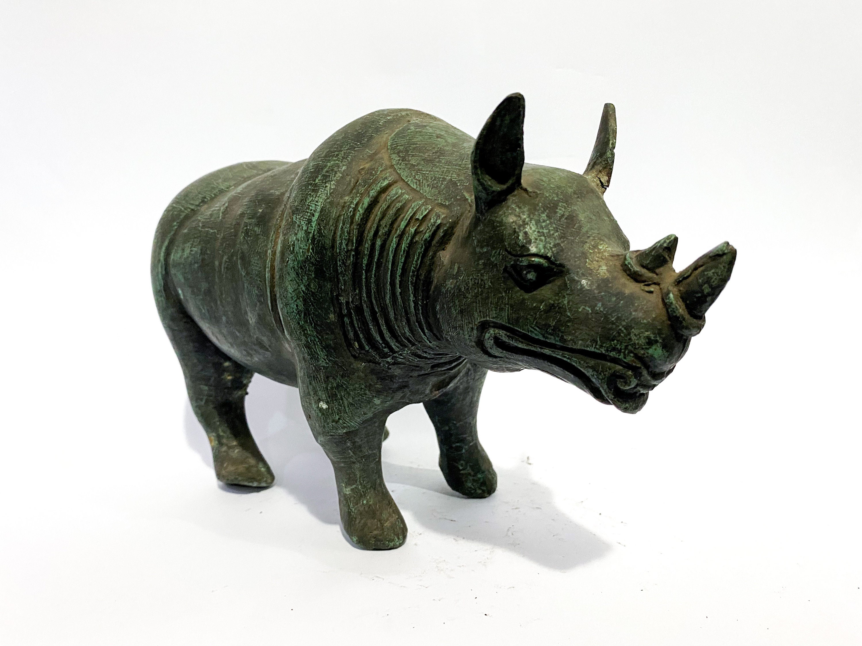 Distressed Bronze Posed Rhinoceros Wildlife Animal Figure Decorative Ornament 