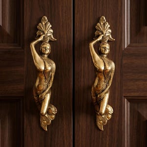 May include: Two identical brass-colored door handles mounted on a dark brown wooden door. Each handle features a sculpted figure with arms raised above the head, holding a decorative leaf-like element, with a smooth, metallic finish throughout.