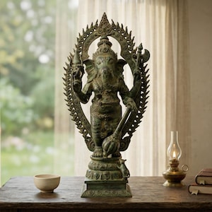 Op de afbeelding: Een donker bronskleurig standbeeld van de godheid Ganesha op een voetstuk, met vier armen, een olifantenkop en een versierde cirkelvormige halo. De figuur houdt een knots vast en wordt vergezeld door een kleine muis aan de basis.