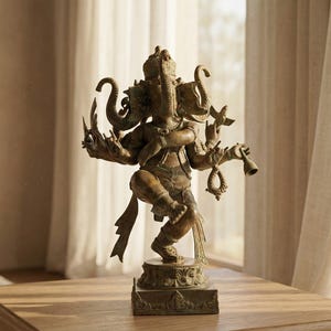 Op de afbeelding: Bronzen beeld van de hindoe-god Ganesha, met een olifantenkop en meerdere armen. Het beeld staat op een houten tafel, met een raam en transparante gordijnen op de achtergrond. Het beeld is ongeveer 30 cm hoog.