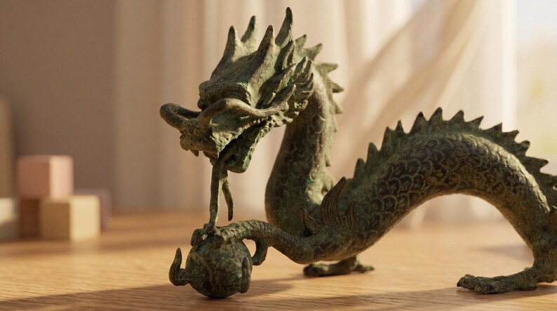 May include: A detailed bronze dragon sculpture with a textured, aged appearance. The dragon is posed with its head raised, holding a sphere. The sculpture features intricate scales and a spiky dorsal ridge, showcasing a mythical theme.