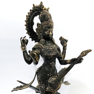Sarasvati Bronze Statue, Saraswati Figurine, Saraswathi on Swan. Hindu Goddess of Knowledge, Wisdom & Education, Home Decor, Summer Gift