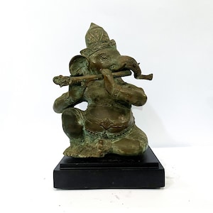 Vintage Ganesh Bronze Statue 6.3 Inch, Summer Gift, Ganesha Flute Statue, Lord Ganesha, God Ganesha, Hindu God, Yoga Art,  Home Decor