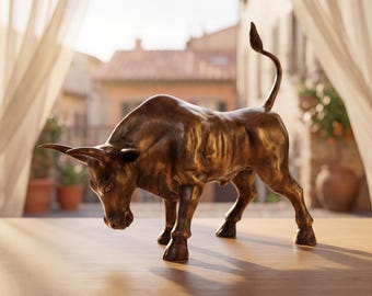 Puede incluir: Escultura de toro de bronce con cola curvada y cuernos sobre una superficie de madera. La escultura muestra detalles musculares y una superficie texturizada. El fondo incluye una vista borrosa de un edificio y plantas.