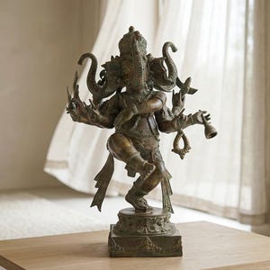 Dansende Ganesha-beeld 20,4 inch, bronzen sculptuur met antieke groene patina, decoratie voor hindoeïstisch altaar en meditatie afbeelding 15