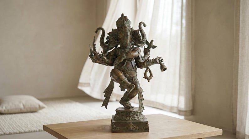 Dansende Ganesha-beeld 20,4 inch, bronzen sculptuur met antieke groene patina, decoratie voor hindoeïstisch altaar en meditatie afbeelding 15