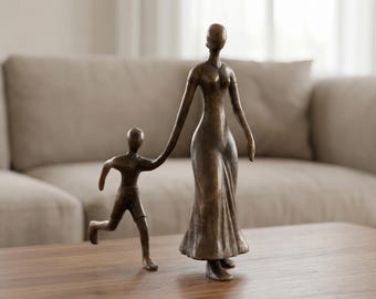 Estatua abstracta de bronce de madre e hijo de 38 cm (15 pulgadas), escultura artística, decoración para estantería, regalo para padre.