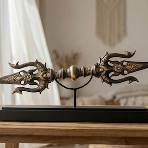 Escultura Vajra Dorje Thunderbolt de 20", latón negro y dorado, adorno para altar, decoración sagrada para el hogar.
