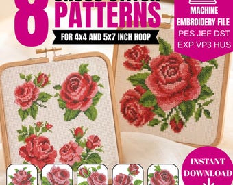 Puede incluir: Dos patrones de punto de cruz con rosas rojas en aros de madera. La imagen incluye el texto "8 CROSS STITCH PATTERNS FOR 4x4 AND 5x7 INCH HOOP" y "MACHINE EMBROIDERY FILE". También hay un círculo rosa con las palabras "INSTANT DOWNLOAD".