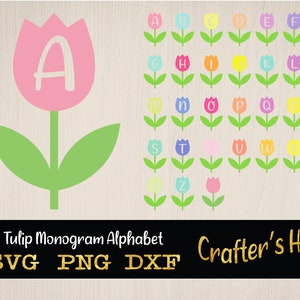 Tulipán svg alfabeto corte archivo cricut, monograma floral svg png dxf clipart, fuente botanical svg