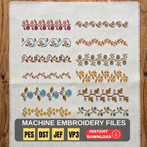 Könnte beinhalten: Ein Leinenstoff zeigt verschiedene Maschinenstickereidesigns in floralen und geometrischen Mustern mit den Farben Rosa, Blau, Gelb und Lila. Die Designs sind in horizontalen Reihen angeordnet. Das Bild enthält den Text "MACHINE EMBROIDERY FILES" und "INSTANT DOWNLOAD".