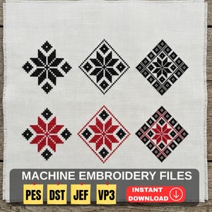 May include: White fabric with six geometric embroidery designs in black and red. The designs are diamond-shaped with star-like patterns. Text at the bottom reads "MACHINE EMBROIDERY FILES" and "INSTANT DOWNLOAD".