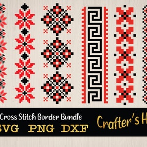Pacchetto di bordi a punto croce in formato SVG per Cricut, clipart PNG tradizionali, silhouette SVG etnica