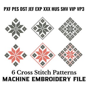 以下が含まれることがあります： 白地に黒と赤の6つのクロスステッチパターン。パターンはひし形の形で、星形のデザインが特徴です。パターン下に「6 Cross Stitch Patterns」と「MACHINE EMBROIDERY FILE」のテキストがあります。