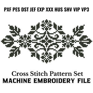May include: Black and white cross stitch pattern set for machine embroidery. The design features a floral motif with intricate details. The file formats included are PXF, PES, DST, JEF, EXP, XXX, HUS, SHV, VIP, and VP3.